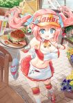  1girl blue_eyes cat flower flower_pot food hamburger happy hat heart highres long_hair moe2016 naka_akira original pink_hair solo twintails 