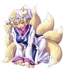  1girl all_fours animal_ears blonde_hair blush dress fox_ears fox_tail frills hat heart heart-shaped_pupils kyuubi long_sleeves looking_at_viewer mob_cap multiple_tails open_mouth pillow_hat solo symbol-shaped_pupils tabard tail tassel tongue tongue_out touhou white_dress wide_sleeves yakumo_ran yellow_eyes zawa_(zawzawranran2) 