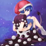  1girl blue_eyes blue_hair book doremy_sweet dress from_behind hat looking_at_viewer looking_back monrooru multicolored_dress nightcap pom_pom_(clothes) short_hair sitting solo tail touhou 