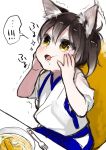  ! ... 1girl animal_ears brown_hair commentary_request food fork fox_ears fox_tail hands_on_own_cheeks hands_on_own_face japanese_clothes kaga_(kantai_collection) kantai_collection kemonomimi_mode open_mouth short_hair shuu-0208 spoken_ellipsis spoken_exclamation_mark tail tears trembling yellow_eyes younger 