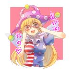  1girl adjusting_glasses american_flag_shirt bespectacled blonde_hair blush breasts clownpiece collar frilled_collar frills glasses hat jester_cap large_breasts long_hair looking_at_viewer open_mouth polka_dot red-framed_glasses red_eyes shirt simple_background solo touhou upper_body varyu very_long_hair 