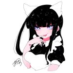  1girl :d aano_(10bit) animal_ears apron black_hair blue_eyes breasts cat_ears earrings hime_cut jewelry long_hair maid naishi-chan open_mouth original sharp_teeth simple_background smile solo teeth white_background 