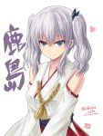  1girl blue_eyes blush cosplay detached_sleeves haruna_(kantai_collection) haruna_(kantai_collection)_(cosplay) haura_akitoshi japanese_clothes kantai_collection kashima_(kantai_collection) nontraditional_miko sidelocks silver_hair simple_background smile solo twintails wavy_hair 