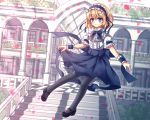  1girl alice_margatroid alice_margatroid_(pc-98) black_legwear blonde_hair blue_dress blue_eyes bow capelet dress hair_bobbles hair_ornament hairband legwear lolita_hairband pantyhose short_hair solo touhou touhou_(pc-98) 