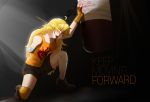  1girl ahoge amputee bandages blonde_hair blood boots breasts english glowing glowing_eyes light_rays long_hair open_mouth punching_bag rwby shorts single_thighhigh solo spoilers sweat text thigh-highs thighs yang_xiao_long 