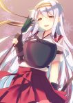  1girl arrow bow_(weapon) hairband hakama_skirt highres japanese_clothes kantai_collection long_hair looking_at_viewer miko muneate pleated_skirt red_skirt shoukaku_(kantai_collection) skirt smile solo tahya twitter_username weapon white_hair yugake 