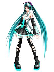  1girl aqua_hair belt boots breasts cleavage corset detached_sleeves highres long_hair maeda_koutarou necktie red_eyes solo tattoo thigh-highs torn_clothes torn_thighhighs twintails vest vocaloid white_background 