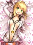  1girl ahoge arm_up bangs blonde_hair blush bodysuit breasts chains fate/extra fate/extra_ccc fate_(series) gloves green_eyes hair_intakes hand_on_own_chest highres jazztaki lock looking_at_viewer lying medium_breasts on_back open_mouth padlock petals saber_bride saber_extra short_hair_with_long_locks sidelocks solo tears unzipped upper_body white_gloves 