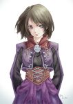  1girl arms_behind_back black_eyes brown_hair commentary copyright_name dated final_fantasy final_fantasy_xi head_tilt highres hume morere short_hair signature simple_background smirk solo upper_body white_background 