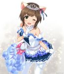  1girl animal_ears bare_shoulders blush brown_hair cat_ears detached_collar dress fang finger_to_mouth gloves green_eyes hair_ribbon idolmaster idolmaster_cinderella_girls maekawa_miku mizuki_makoto one_eye_closed open_mouth ribbon smile solo thigh-highs tiara white_dress white_gloves white_legwear 