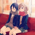  2girls adachi_sakura adachi_to_shimamura closed_eyes light_smile multiple_girls school_uniform shimamura_houzuki sitting sweater 