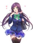  1girl blazer blush bow breasts green_eyes ice_(ice_aptx) long_hair looking_at_viewer love_live!_school_idol_project low_twintails open_mouth purple_hair scrunchie skirt smile solo thigh-highs toujou_nozomi twintails zettai_ryouiki 