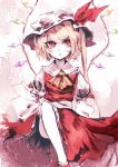  1girl ascot blonde_hair crystal dress flandre_scarlet hat hat_ribbon mob_cap open_mouth puffy_sleeves red_dress red_eyes ribbon sash short_sleeves side_ponytail slit_pupils solo touhou uni_(bom19850101) wings 