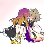  2girls blush brown_hair closed_eyes gradient_hair hijiri_byakuren kazeha_(starrysky) multicolored_hair multiple_girls pocky pocky_kiss purple_hair shared_food sitting sweat touhou toyosatomimi_no_miko yuri 