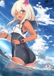  1girl absurdres blue_eyes flower hair_ornament highres kantai_collection lifebuoy long_hair one_eye_closed ro-500_(kantai_collection) silver_hair slm smile swimsuit tan tanline 