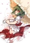  1girl ascot breasts green_hair kazami_yuuka large_breasts looking_at_viewer midriff mouth_hold open_clothes open_vest parasol petals puffy_short_sleeves puffy_sleeves red_eyes shirt short_sleeves sindre skirt solo touhou umbrella vest 