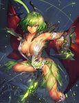  1girl alternate_costume antennae ass black_skirt boots breasts cape collarbone dual_wielding fireflies glowing grass green_eyes green_hair green_skirt hips legs looking_at_viewer muscle muscular_female night night_sky pelvic_curtain shiny shiny_hair short_hair skirt sky solo temmasa22 thighs toned torn_clothes touhou water white_boots wriggle_nightbug 