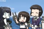  3girls black_hair blue_sky brown_hair cannon commentary dated double_bun gauntlets gloves glowing glowing_eyes hair_ornament hamu_koutarou kantai_collection light_cruiser_oni machinery miyuki_(kantai_collection) multiple_girls myoukou_(kantai_collection) ocean open_mouth pale_skin school_uniform serafuku shinkaisei-kan short_hair sky white_gloves 