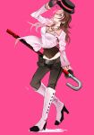  1girl black_gloves boots breasts brown_hair cane corset esu_(transc) gloves groin hat hat_removed headwear_removed heterochromia high_heel_boots high_heels highres long_hair multicolored_hair neo_(rwby) pants pink_background pink_eyes pink_hair rwby simple_background smile smirk solo 