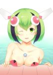  1girl android bare_shoulders blush breast_rest breasts collarbone dimension_w green_eyes green_hair headgear highres looking_at_viewer multicolored_hair one_eye_closed open_mouth panysua partially_submerged robot_ears short_hair smile solo streaked_hair tagme two-tone_hair yurizaki_mira 