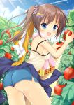  1girl ass basket blue_eyes blush breasts brown_hair camisole clothes_around_waist clouds food from_behind hat headwear_removed highres holding long_hair looking_back maccha open_mouth original outdoors plant shirt_around_waist short_shorts shorts side_ponytail sideboob sky smile solo strap_slip straw_hat sweat thighs tomato towel 