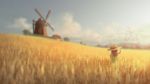  1girl absurdres clouds field hat highres long_hair natsu_(hottopeppa3390) original scenery solo straw_hat wheat_field windmill 