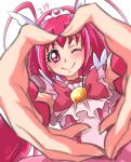  1girl antenna_hair blush bow brooch chocokin choker cowboy_shot cure_happy dated heart heart_hands hoshizora_miyuki jewelry long_hair looking_at_viewer magical_girl one_eye_closed pink_bow pink_eyes pink_hair precure signature smile smile_precure! solo tiara white_background wrist_cuffs 