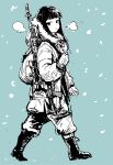  1girl backpack bag boots coat gun hatsuyuki_(kantai_collection) hime_cut kantai_collection long_hair looking_at_viewer monochrome open_mouth osakana_(denpa_yun&#039;yun) rifle sniper_rifle solo weapon winter_clothes winter_coat 