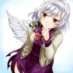  1girl albino angel_wings bow brooch dress hand_on_own_chin jacket jewelry kishin_sagume long_sleeves monrooru open_clothes open_jacket purple_dress red_eyes silver_hair single_wing solo touhou white_hair wings 