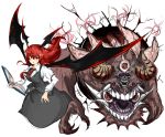  1girl bangs black_skirt black_vest book breasts collared_shirt demon_wings extra_eyes fangs floating focused hair_between_eyes highres holding holding_book horns kan_(aaaaari35) koakuma long_sleeves looking_at_viewer monster necktie open_book red_eyes red_necktie redhead shaded_face shiny shiny_hair shirt simple_background sketch skirt skirt_set solo summoning touhou white_background white_shirt wind wings 