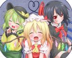  3girls ascot between_legs black_dress black_hair black_legwear blonde_hair blush closed_eyes dress eyebrows eyebrows_visible_through_hair fangs flandre_scarlet green_hair hand_between_legs hat houjuu_nue komeiji_koishi long_hair looking_at_viewer mob_cap multiple_girls oden_(th-inaba) puffy_short_sleeves puffy_sleeves red_dress shirt short_dress short_hair short_sleeves sitting smile thigh-highs touhou white_shirt wide_sleeves yellow_shirt zettai_ryouiki 