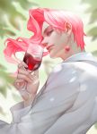  1boy alcohol blurry cup depth_of_field drinking_glass from_side holding holding_glass jojo_no_kimyou_na_bouken kakyouin_noriaki male_focus pink_hair shirt solo syusuke0229 tree_shade upper_body violet_eyes white_shirt wine wine_glass 