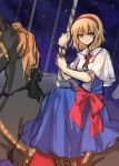  1girl alice_margatroid blonde_hair blue_dress cape carousel cuffs dress hairband handcuffs looking_at_viewer night restrained sash sindre sitting sky solo star_(sky) starry_sky touhou yellow_eyes 