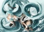  1girl 39 aqua_eyes aqua_hair boots closed_eyes clouds detached_sleeves hatsune_miku long_hair matchazi necktie skirt sky smile thigh-highs thigh_boots twintails very_long_hair vocaloid 