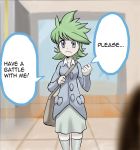  1girl bag buttons clenched_hand coat english female genderswap green_hair green_legwear grey_eyes handbag highres indoors long_sleeves looking_at_viewer mitsuru_(pokemon) pokemon regigigass skirt solo spiky_hair standing thigh-highs zettai_ryouiki 