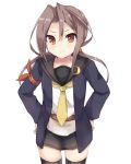  &gt;:) 1girl alternate_costume alternate_hairstyle amano_kouki brown_eyes brown_hair c: commentary_request cosplay highres jacket kantai_collection long_hair looking_at_viewer remodel_(kantai_collection) satsuki_(kantai_collection) satsuki_(kantai_collection)_(cosplay) school_uniform serafuku simple_background smile solo thigh-highs twintails white_background zettai_ryouiki zuihou_(kantai_collection) 