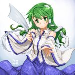  1girl bare_shoulders detached_sleeves frog_hair_ornament gohei green_eyes green_hair hair_ornament kochiya_sanae long_hair long_sleeves looking_at_viewer monrooru oonusa shirt skirt snake_hair_ornament solo touhou wide_sleeves 