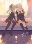  2girls arms_at_sides backlighting bangs bed bedroom black_legwear blazer blonde_hair blush breasts buttons closed_eyes collared_shirt cosmic_(crownclowncosmic) couple curtains eyelashes face-to-face full_body hair_ornament hair_over_shoulder hair_scrunchie highres holding_hands incipient_kiss indoors jacket kneehighs leaning_forward leaning_to_the_side long_hair long_sleeves miniskirt multiple_girls neck_ribbon no_shoes official_art on_bed parted_lips pleated_skirt ponytail profile red_ribbon red_skirt ribbon school_uniform scrunchie shadow shirt sidelocks signature sitting skirt small_breasts thigh-highs tsui_yuri_okaa_san_ni_wa_naisho_da_yo upskirt wavy_hair white_shirt yuri 