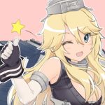  1girl ;d bangs bare_shoulders blonde_hair blue_eyes blush breasts cleavage elbow_gloves gloves hair_between_eyes iowa_(kantai_collection) kantai_collection large_breasts long_hair mokyutan one_eye_closed open_mouth outline pink_background simple_background smile solo star thumbs_up tsurime 