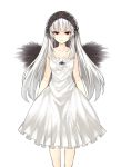  1girl black_wings collarbone doll_joints dress hairband lolita_hairband long_hair looking_at_viewer red_eyes rozen_maiden silver_hair solo suigintou tousen white_background white_dress wings 