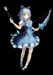  1girl absurdres arrow black_background blue_hair bow bow_(weapon) cirno feet_together highres ice ice_bow mary_janes puffy_short_sleeves puffy_sleeves red_ribbon ribbon shoes short_hair short_sleeves touhou weapon 