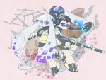  1boy 1girl artist_request bangs black_hair blunt_bangs domino_mask gun hair_ornament headphones inkling long_hair mask paint_roller rifle shorts sniper_rifle splatoon squidbeak_splatoon tentacle_hair violet_eyes weapon white_hair 