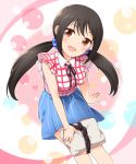  1girl black_hair brown_eyes dougi idolmaster idolmaster_cinderella_girls karate_gi long_hair mitsuki_meiya nakano_yuka open_mouth smile solo twintails 