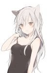  1girl :o animal_ears bare_shoulders black_shirt blush breasts camisole cat_ears cleavage collarbone covered_navel hair_between_eyes hair_over_breasts hand_in_hair hand_on_shoulder hand_up long_hair looking_at_viewer lp_(hamasa00) open_mouth original red_eyes shirt sidelocks simple_background solo spaghetti_strap strap_slip tsurime upper_body very_long_hair white_background white_hair 