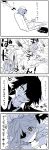  2girls 4koma all_fours blush cape_removed comic eyepatch grin highres kaga3chi kantai_collection kiso_(kantai_collection) looking_at_another monochrome multiple_girls reading short_hair sitting smile tenryuu_(kantai_collection) translation_request 