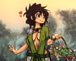  1girl basket belt black_hair breasts brown_eyes cleavage covered_nipples cowboy_shot dusk flower forest heart jason_robinson looking_away looking_to_the_side messy_hair nature original outdoors smile solo twilight 