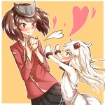  2girls blush brown_eyes brown_hair chocolate chocolate_heart heart horns kantai_collection mittens multiple_girls nankyoku_hitotori northern_ocean_hime pale_skin red_eyes ryuujou_(kantai_collection) shinkaisei-kan twintails valentine visor_cap wavy_mouth white_hair 