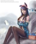  ahri alternate_costume animal_ears black_legwear blood breasts fox_ears fox_tail large_breasts league_of_legends lips long_hair looking_at_viewer multiple_tails nosebleed object_hug off_shoulder pantyhose parted_lips poro_(league_of_legends) sitting tail yellow_eyes 