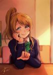  1girl ayase_eli bangs blazer blonde_hair blue_eyes blurry bow bowtie classroom closed_mouth depth_of_field eyebrows eyebrows_visible_through_hair eyelashes hair_ornament hair_scrunchie hand_on_own_cheek head_rest highres indoors lilylion26 long_hair long_sleeves looking_at_viewer love_live!_school_idol_project nail_polish pink_nails pointing ponytail red_lips school_uniform scrunchie smile solo striped striped_bow striped_bowtie swept_bangs upper_body yuri 