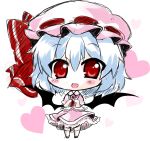  1girl bat_wings blue_eyes blush bow brooch chibi commentary_request fang fingers_together frills hat hat_bow heart jewelry mob_cap noai_nioshi open_mouth petticoat red_eyes remilia_scarlet shoes short_hair short_sleeves sketch skirt skirt_set socks solo touhou wings 